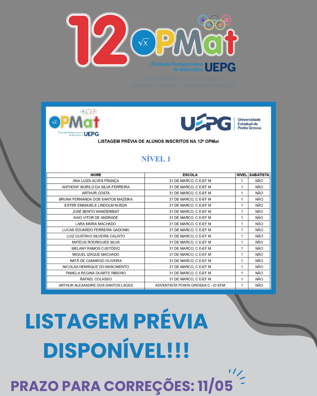 Listagem Prévia de Inscritos para 12ª OPMat
