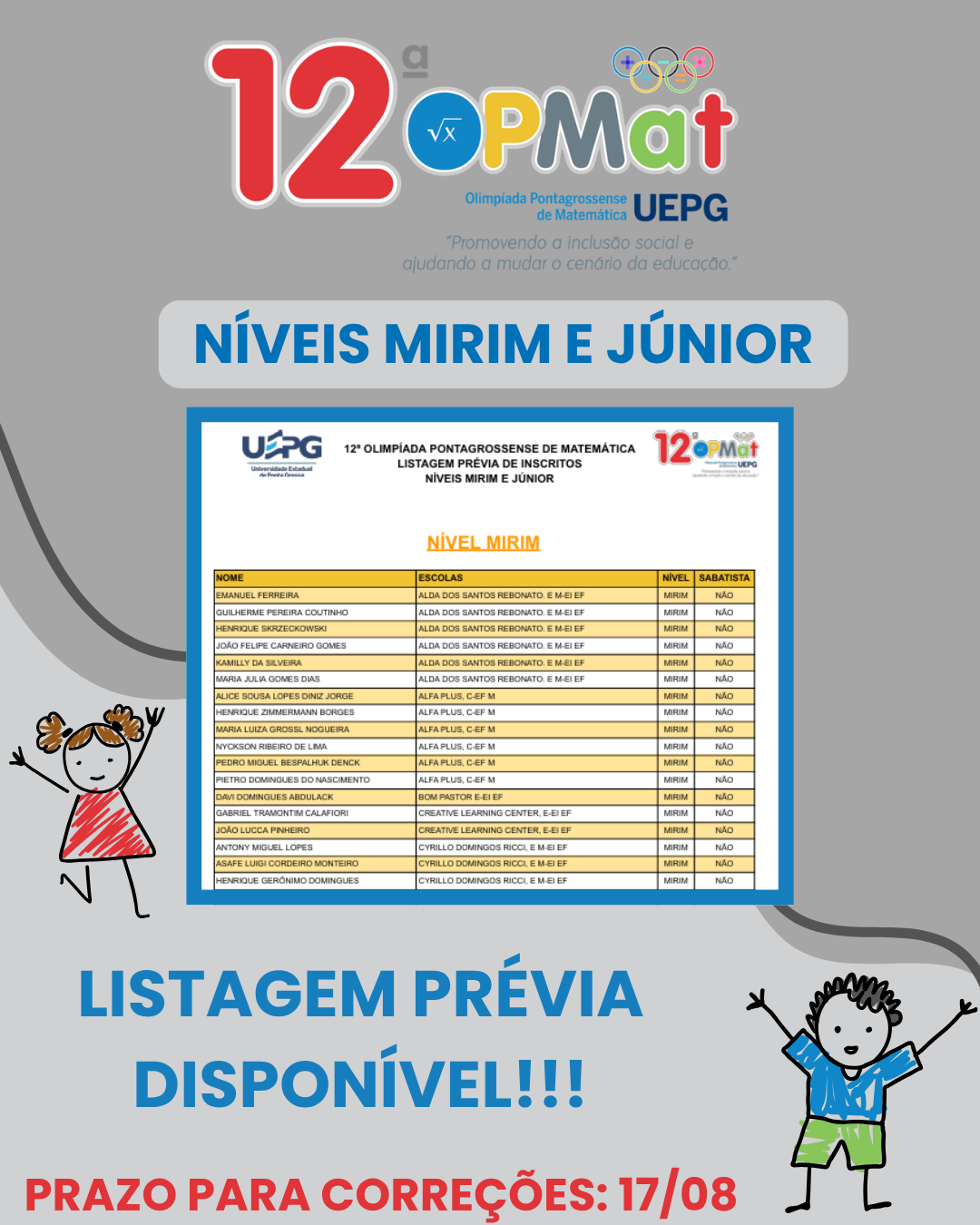 LISTAGEM PRÉVIA – NM & NJ – 12ª OPMat