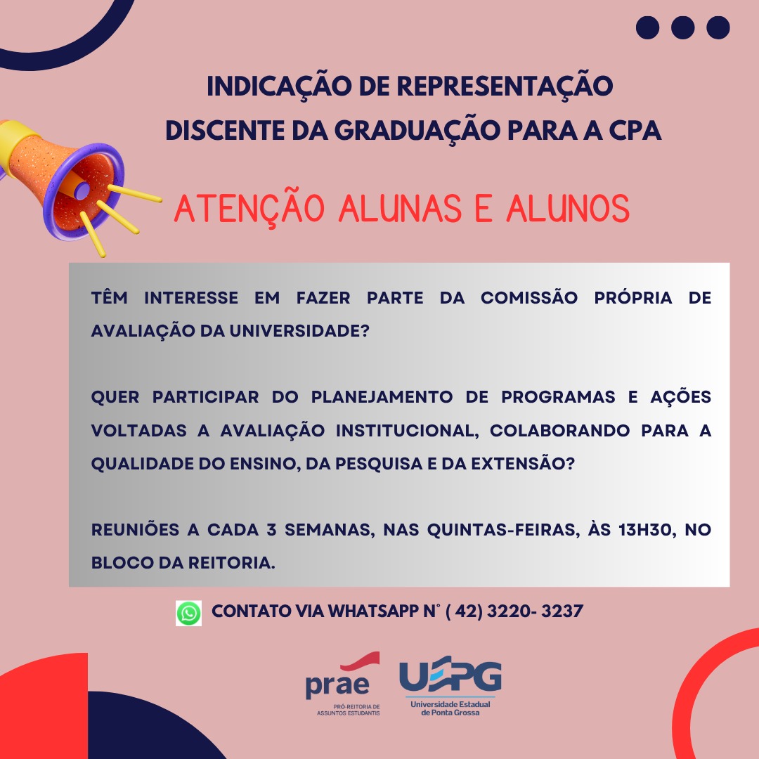 PRAE DIVULGA: INDICAÇÃO DE REPRESENTAÇÃO DISCENTE DA GRADUAÇÃO PARA A CPA