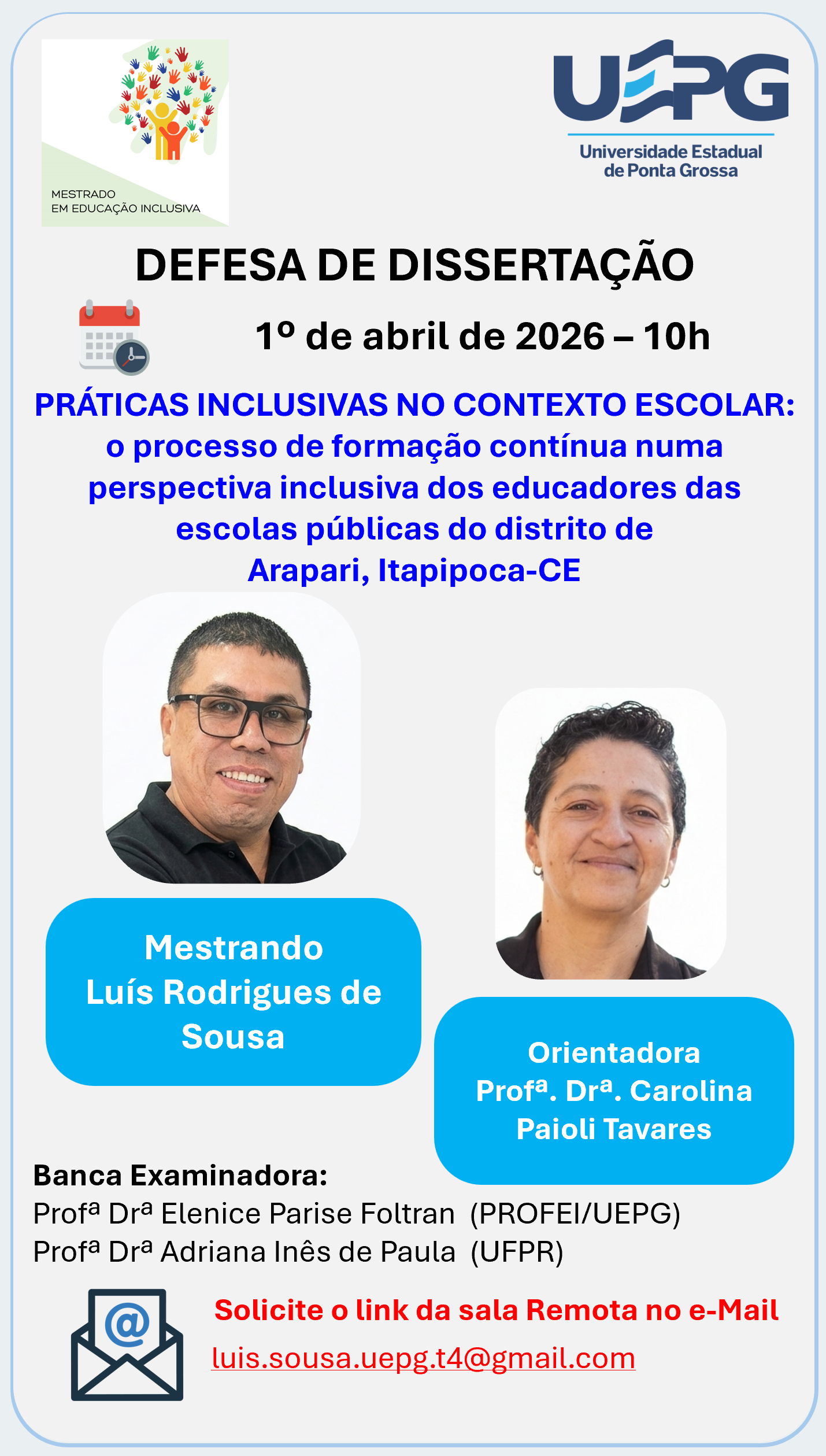 Defesa de Dissertação 1º abril 2026 às 10h Luís Rodrigues de Sousa