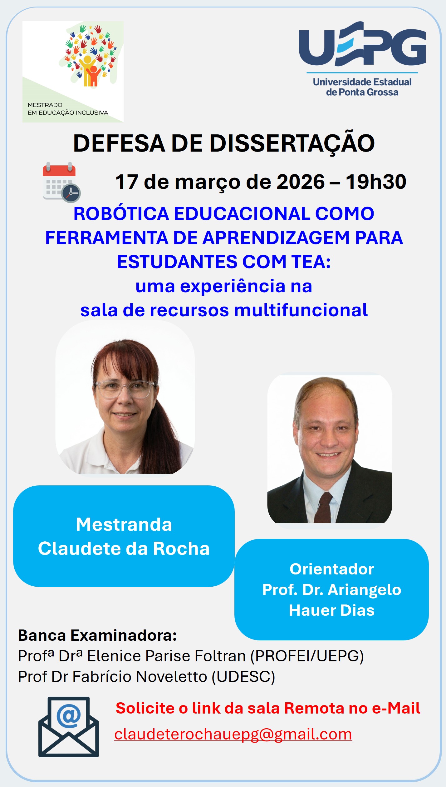Defesa de Dissertação – 17 mar. 2026 às 19h30 Claudete da Rocha